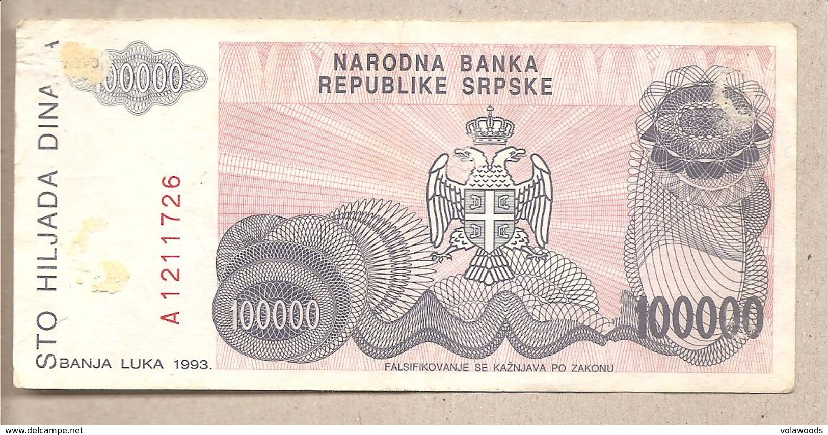 Rep. Serba Di Bosnia - Banconota Circolata Da 100.000 Dinari P-154a - 1993 - Bosnia Erzegovina