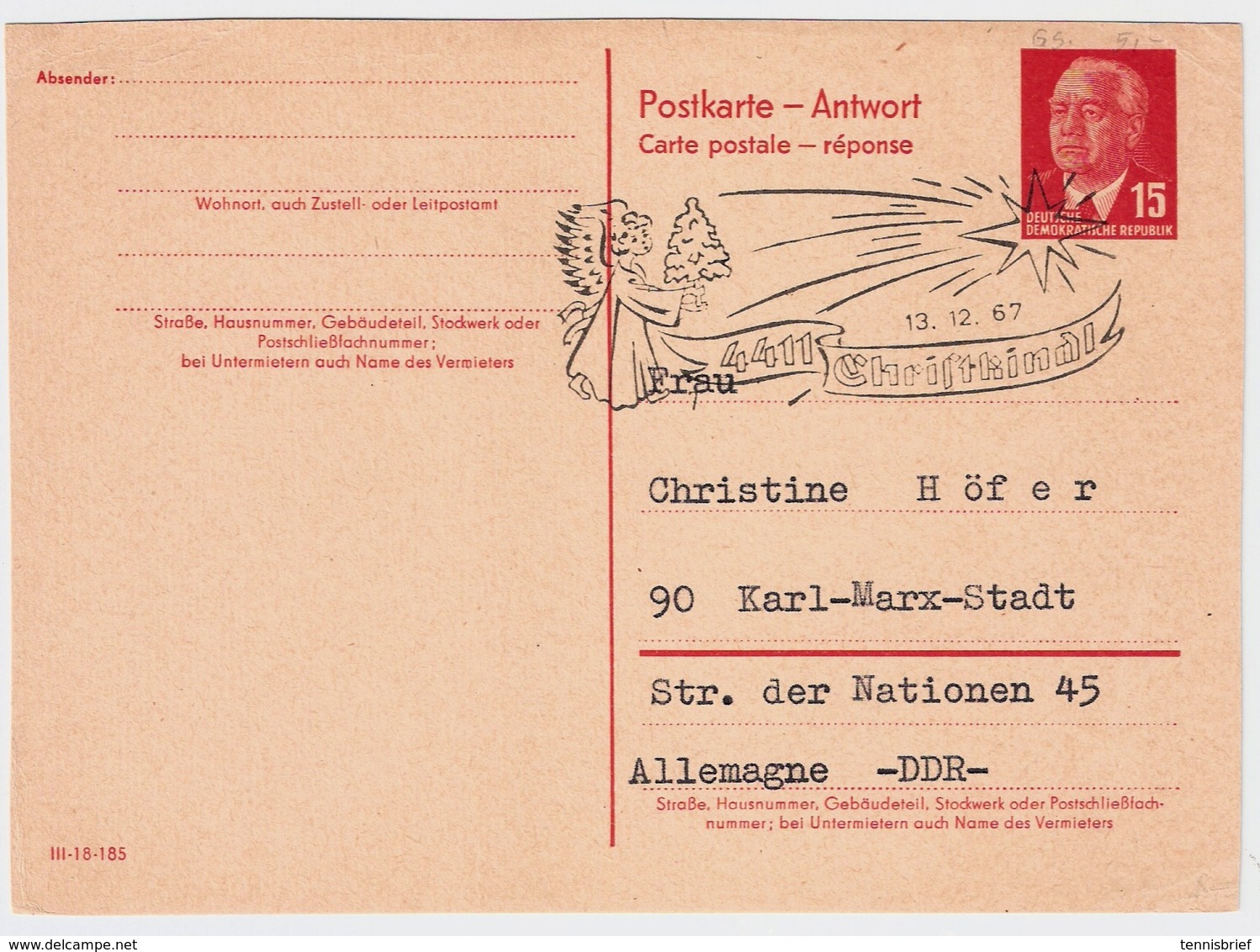 1967, " Christkindl " A. Antwort-GA DDR ,selten !! #a666 - Briefe U. Dokumente