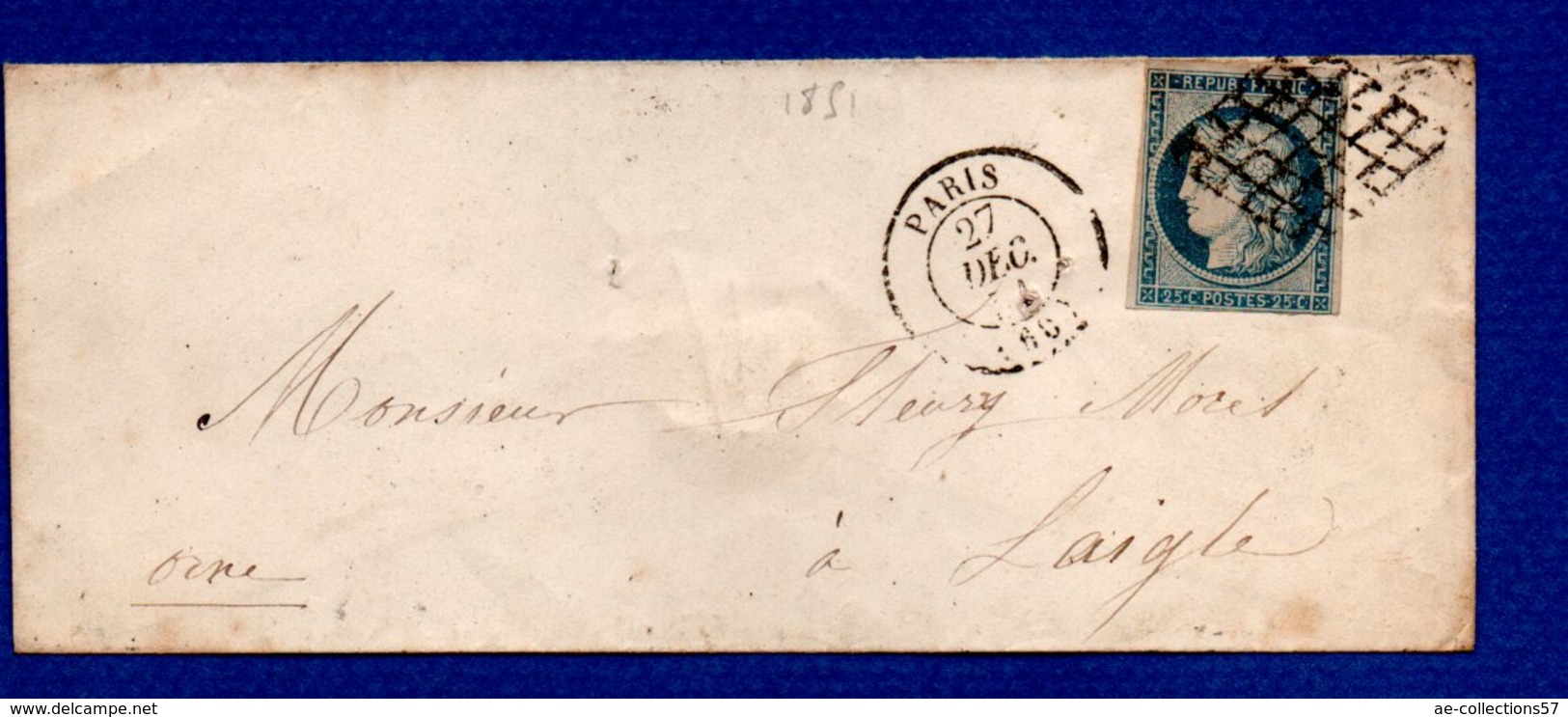Enveloppe De Paris  -  Pour Laigle  --  27 Dec 1851 - 1849-1876: Période Classique