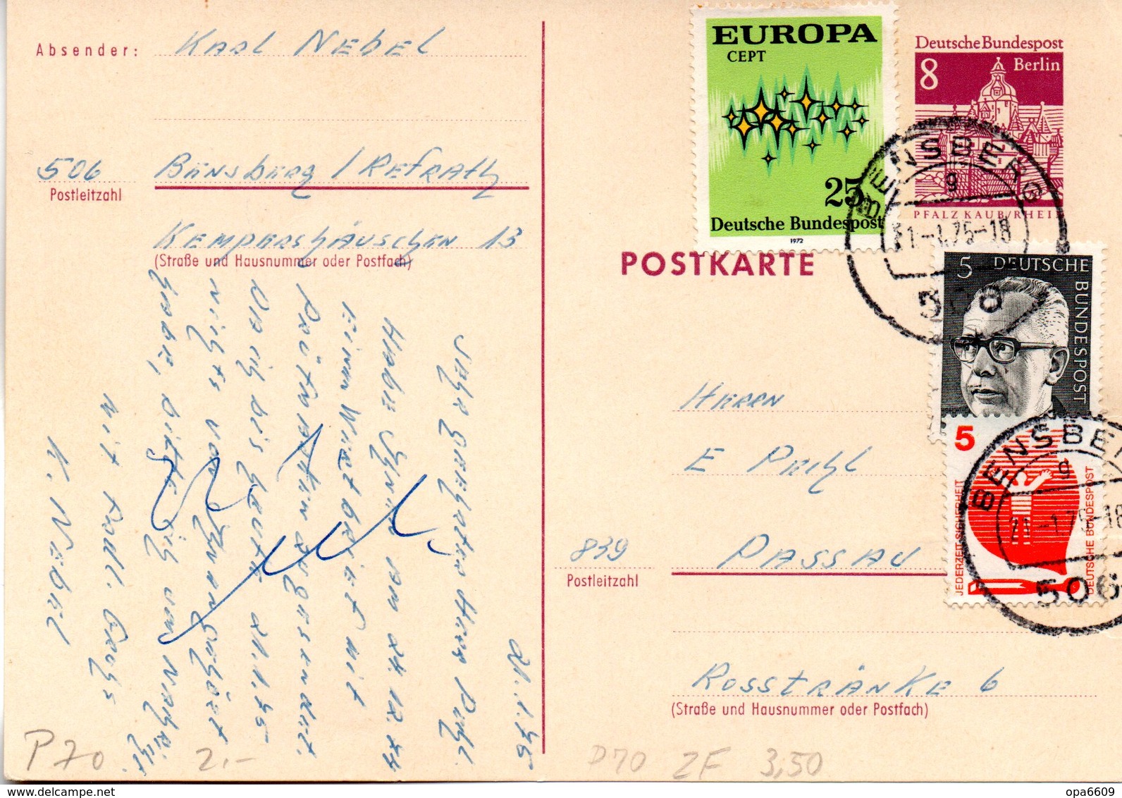 WB Amtl. Ganzsachen-Postkarte  P70 ZF Wst."Pfalzgrafenstein Im Rhein" 8(Pf) Graulila, TSt 21.1.76 BENSBERG - Postcards - Used