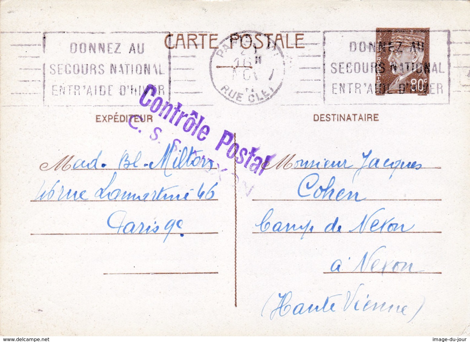 Stalag  Camp De Nexon Entier Petain 0.80 Censure Controle Postal C.s.s. Nexon - Guerra Del 1939-45