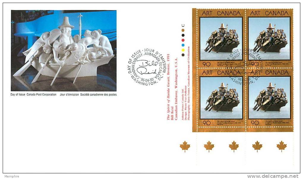 1996  &laquo;The Spirit Of Haidda Gwaii&raquo;   Sculpture By William Ronald Reid     Sc 1602  Plate Block Of 4 - 1991-2000