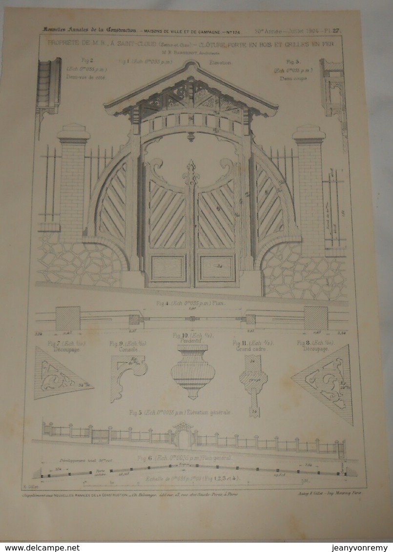 Plan D'une Clôture, Porte En Bois Et Grilles En Fer.Propriété De M.B.... à Saint Cloud. M. E. Barberot, Architecte. 1904 - Travaux Publics