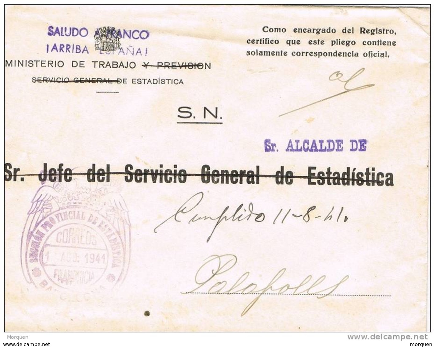 29195. Carta BARCELONA 1941. Franquicia Ministerio Trabajo Estadistica - Lettres & Documents