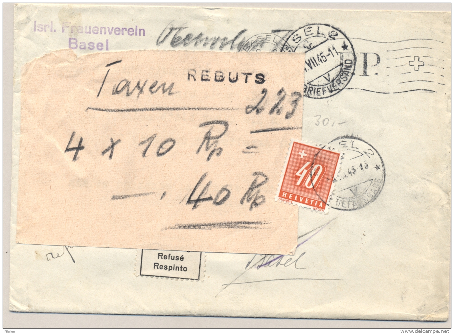 Schweiz - 1945 - 40 Rp Taxed And Rejected PP-cover Basel Isrl. Frauenverein - Strafportzegels