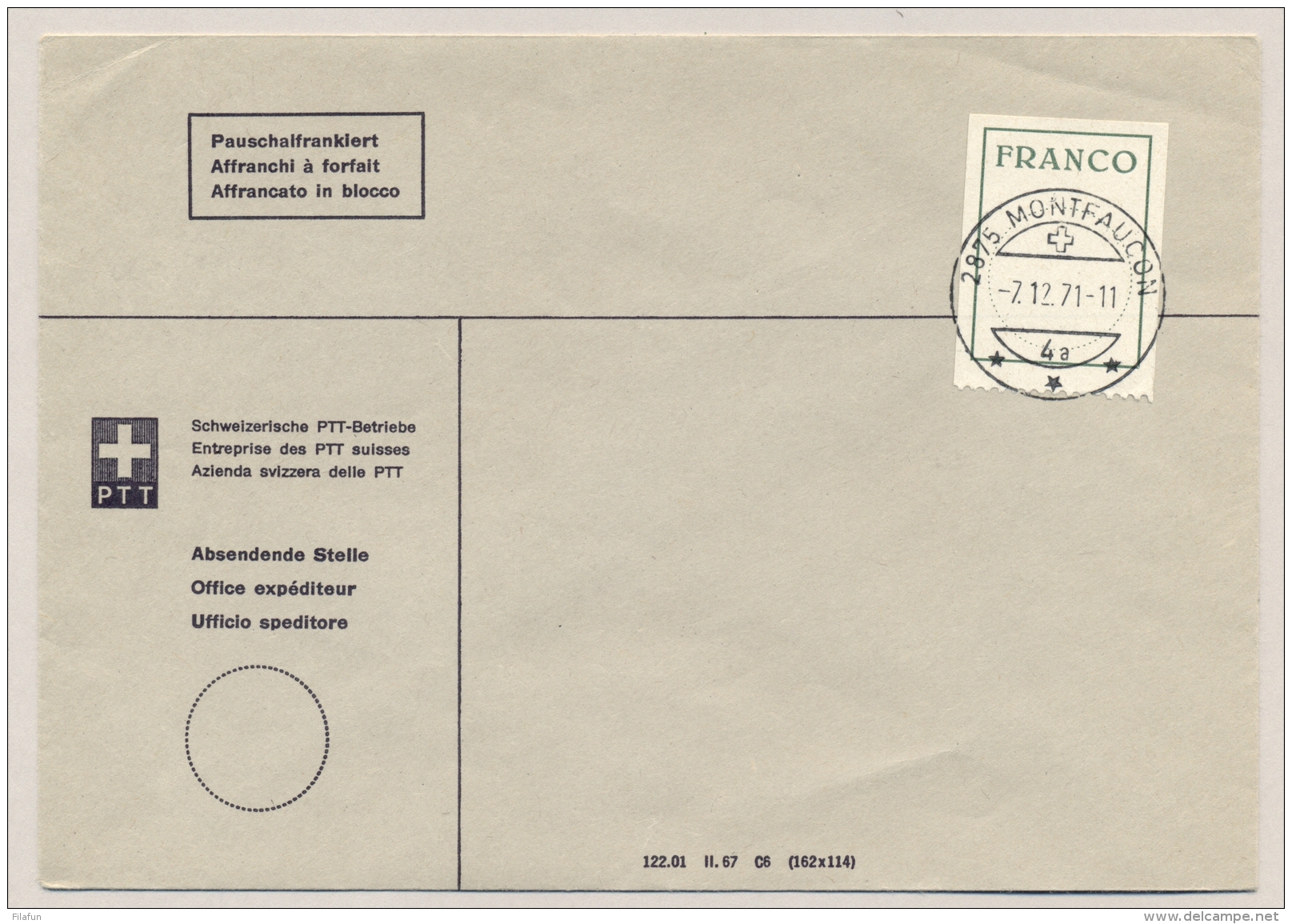 Schweiz - 1971 - Franco-label On PTT-cover Montfaucon - Not Sent - Brieven En Documenten