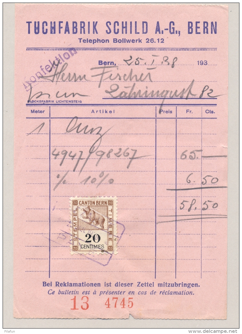 Schweiz - 1938 - 20c Stempelmarke Canton Bern On Invoice - Fiscale Zegels