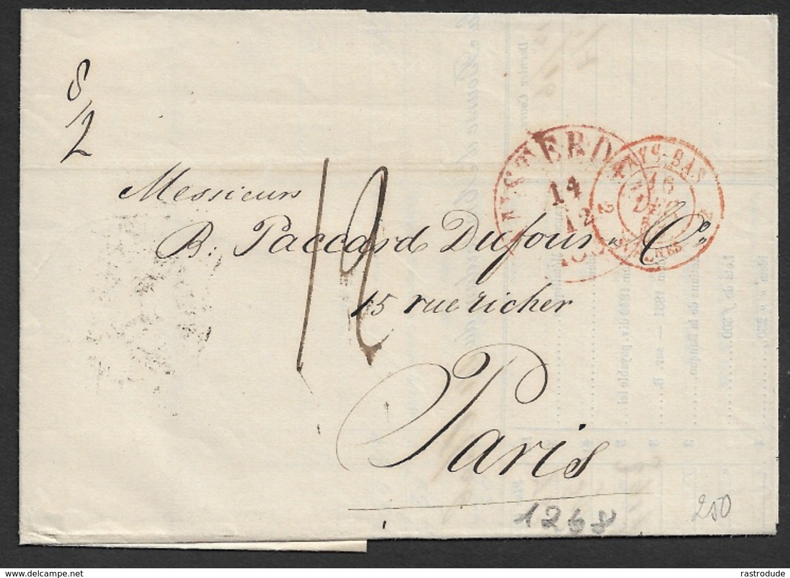 1853 NL Entire Amsterdam To Paris - Retard Du Convoi - ...-1852 Préphilatélie