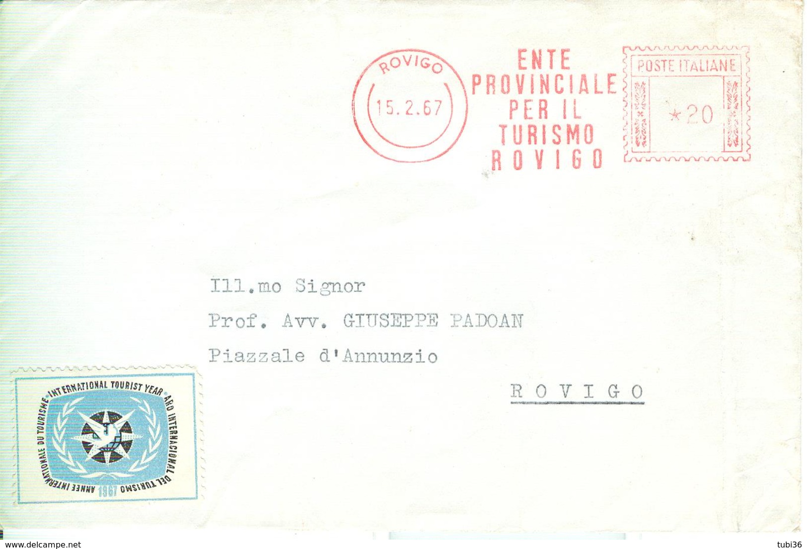 "ENTE PROVINCIALE TURISMO ROVIGO",AFFRANCATURA ROSSA £.20,1967,ERINNOFILO ANNO INT. TURISMO 1967, - Other & Unclassified