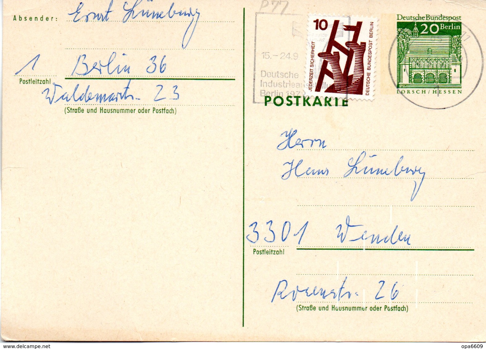 WB Amtl. Ganzsachen-Postkarte P77 ZF Wst. "Torhalle In Lorsch" 20(Pf) Grün, MWSt 4.9.72 BERLIN - Postcards - Used