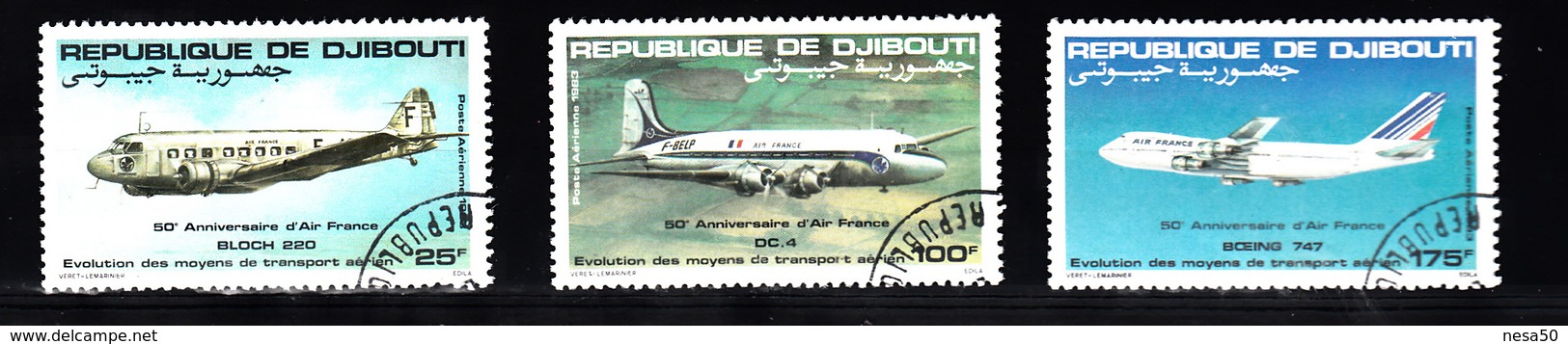 Djibouti 1983 Mi Nr 363 - 365 Vliegtuigen, Airplane, Air-France,  Bloch 220, DC 4 , Boeing 747 - Djibouti (1977-...)