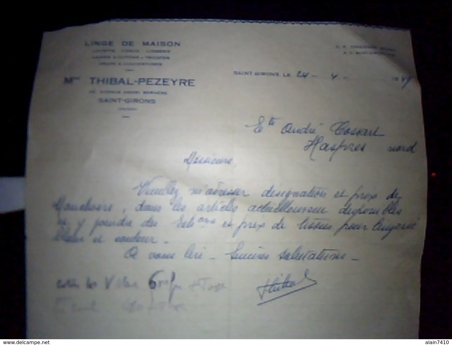 Facture Linge De Maison  Thibal Pezeyre A  Saint  Girons  Arege Annee 1949 - Autres & Non Classés