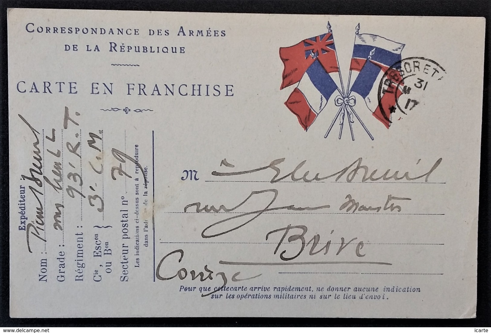 Carte De Franchise Militaire 4 Drapeaux Du 93ème Régiment De Transmissions Vers Brive Mars 1917 - Lettres & Documents