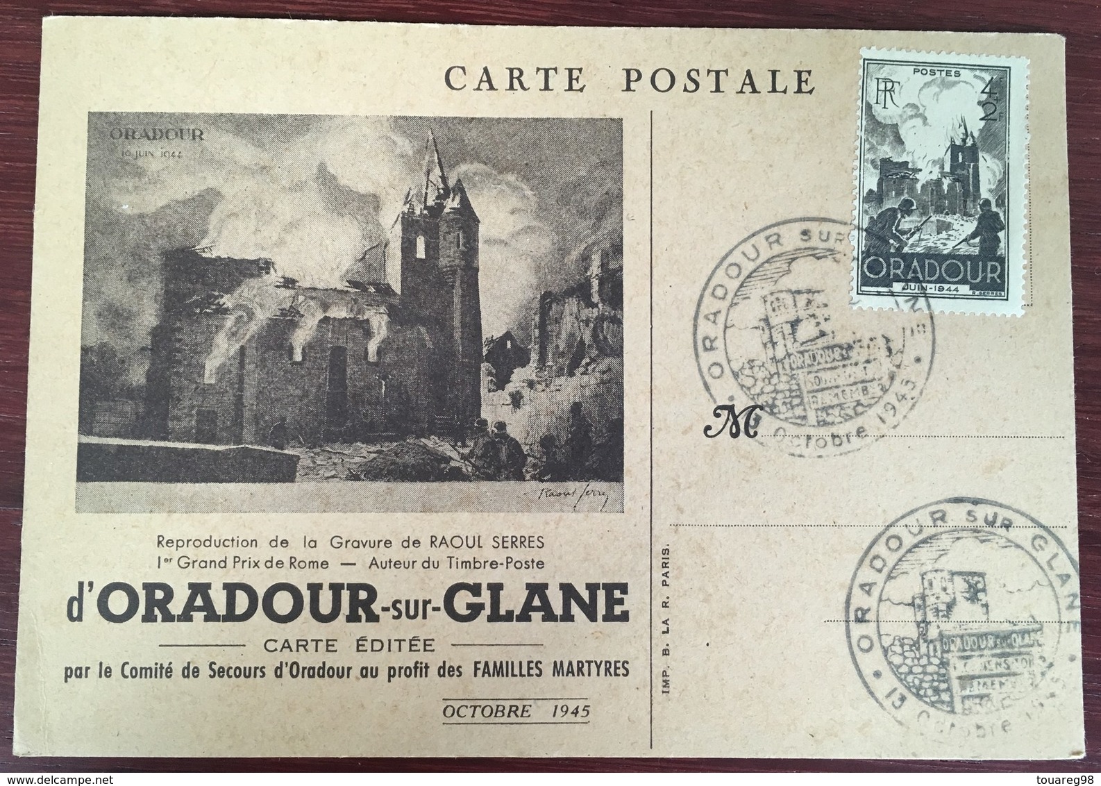 Carte Postale. Oradour-sur-Glane. Comité De Secours Des Familles Martyres. Cachet. - Weltkrieg 1939-45