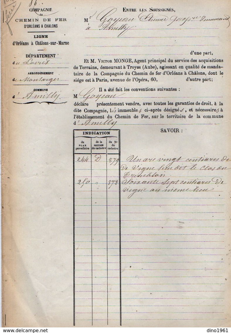 VP12.689 - PARIS X MONTARGIS 1873 - Acte De La Cie Du Chemin De Fer D'ORLEANS à CHALONS Concernant La Commune D'AMILLY - Eisenbahnverkehr