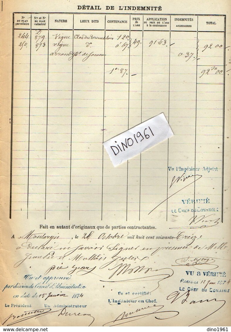 VP12.689 - PARIS X MONTARGIS 1873 - Acte De La Cie Du Chemin De Fer D'ORLEANS à CHALONS Concernant La Commune D'AMILLY - Railway