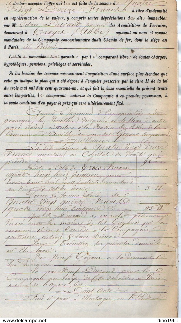 VP12.690 - PARIS X MONTARGIS 1874 - Acte De La Cie Du Chemin De Fer D'ORLEANS à CHALONS Concernant La Commune D'AMILLY - Eisenbahnverkehr