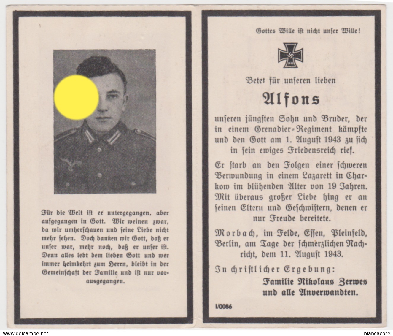 SOLDAT ALLEMAND GUERRE 40/45  Alfons Zerwes 1943 Wehrmacht - Other & Unclassified