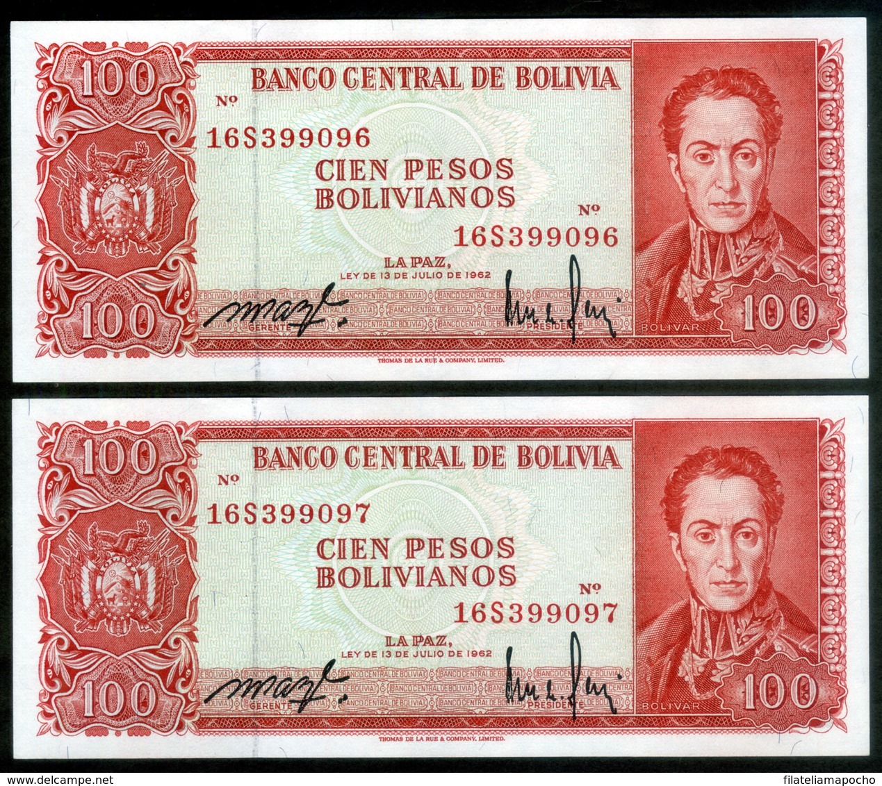 BOLIVIA BILLETES; 1962 – 100 PESOS: “NUEVA MONEDA, EL BOLIVIANO”. - Bolivia