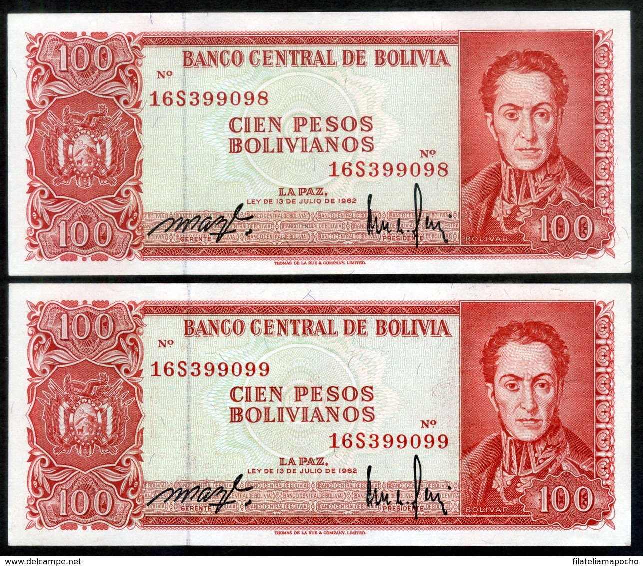 BOLIVIA BILLETES; 1962 – 100 PESOS: “NUEVA MONEDA, EL BOLIVIANO”. - Bolivie