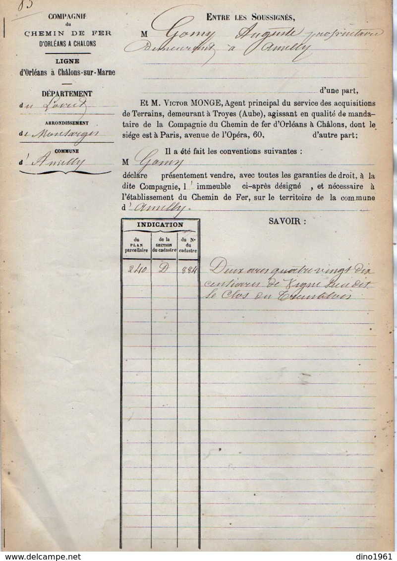 VP12.694 - PARIS X MONTARGIS 1873 - Acte De La Cie Du Chemin De Fer D'ORLEANS à CHALONS Concernant La Commune D'AMILLY - Railway