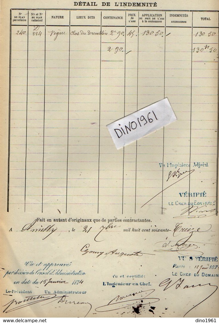 VP12.694 - PARIS X MONTARGIS 1873 - Acte De La Cie Du Chemin De Fer D'ORLEANS à CHALONS Concernant La Commune D'AMILLY - Chemin De Fer