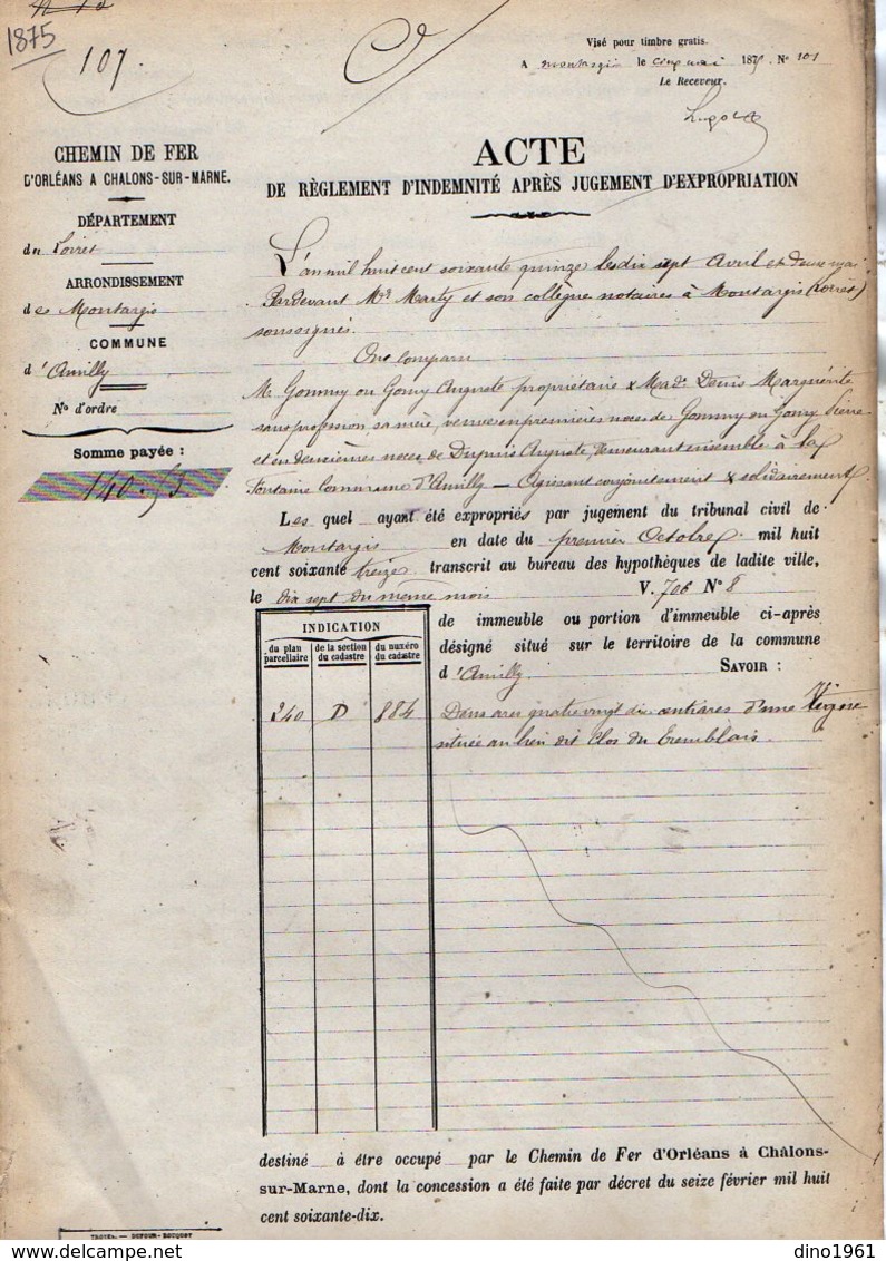 VP12.695 - PARIS X MONTARGIS 1875 - Acte De La Cie Du Chemin De Fer D'ORLEANS à CHALONS Concernant La Commune D'AMILLY - Eisenbahnverkehr