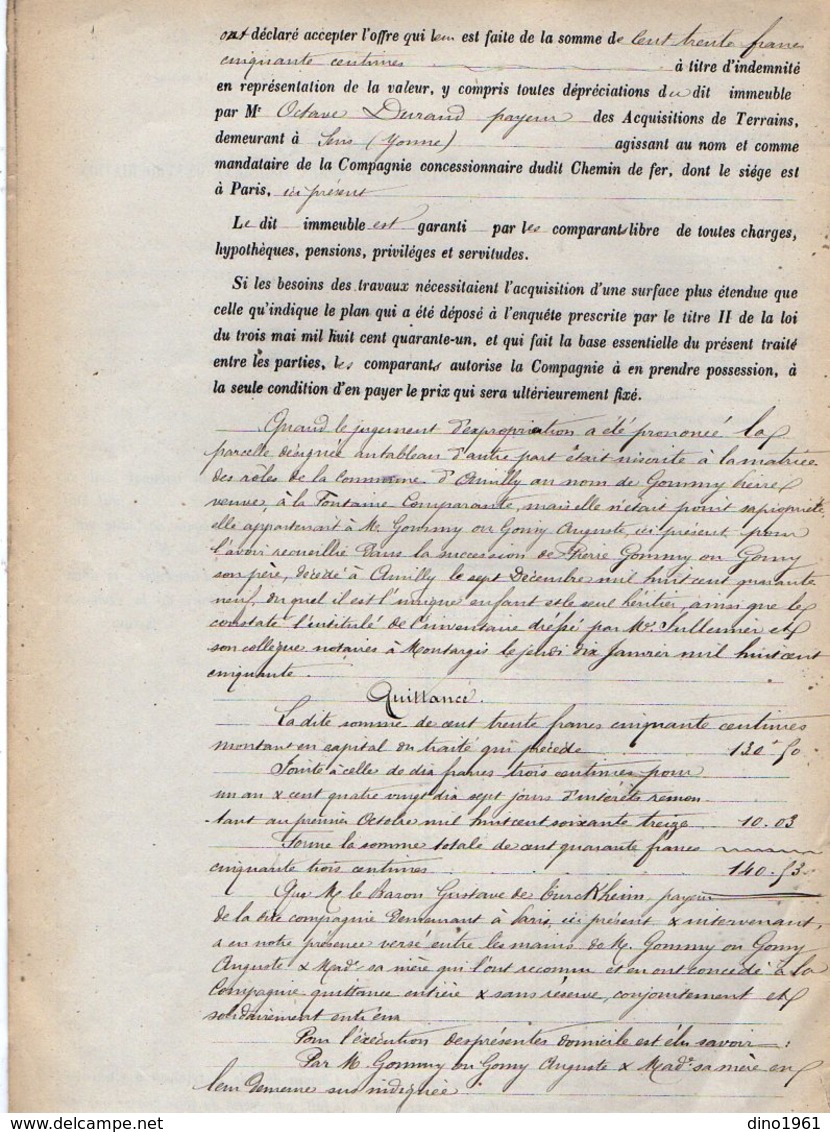 VP12.695 - PARIS X MONTARGIS 1875 - Acte De La Cie Du Chemin De Fer D'ORLEANS à CHALONS Concernant La Commune D'AMILLY - Chemin De Fer