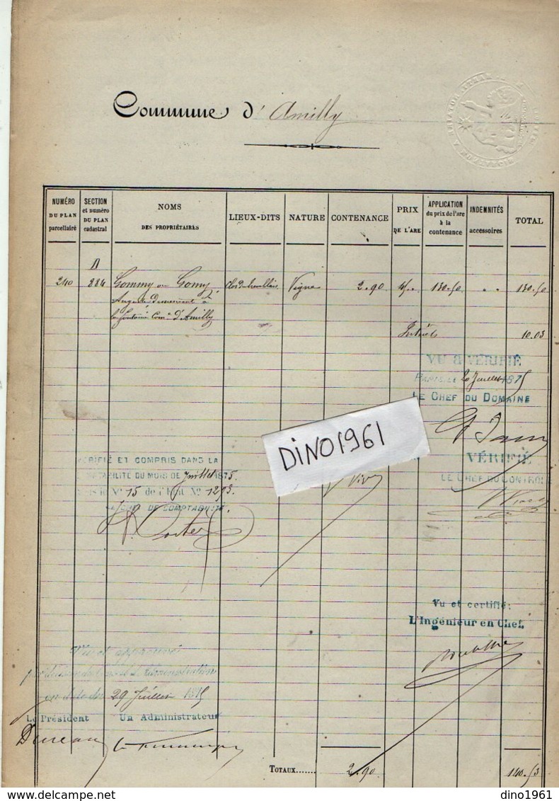 VP12.695 - PARIS X MONTARGIS 1875 - Acte De La Cie Du Chemin De Fer D'ORLEANS à CHALONS Concernant La Commune D'AMILLY - Chemin De Fer