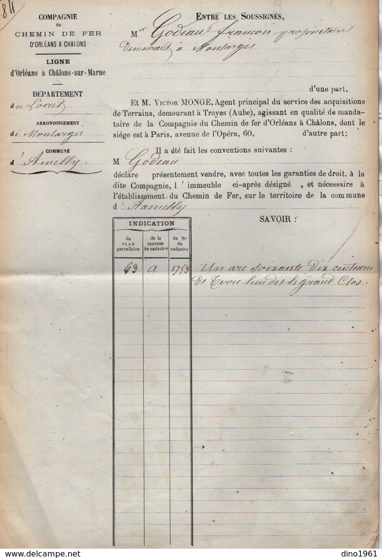 VP12.696 - PARIS X MONTARGIS 1875 - Acte De La Cie Du Chemin De Fer D'ORLEANS à CHALONS Concernant La Commune D'AMILLY - Railway