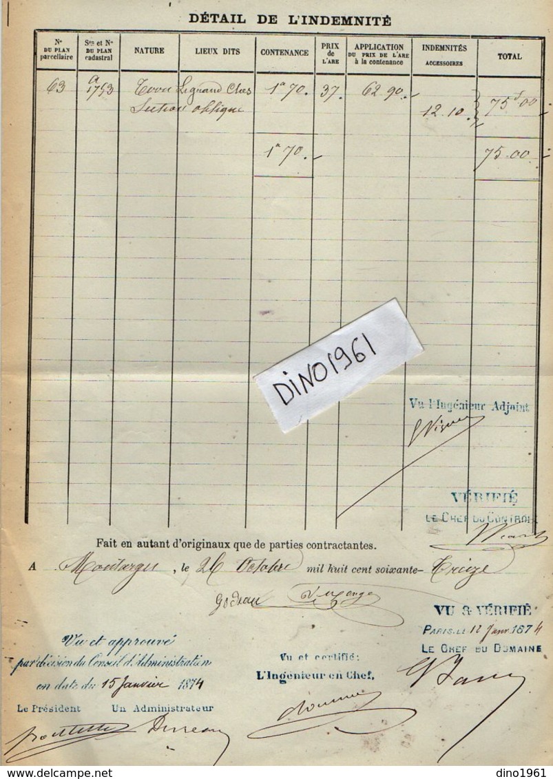 VP12.696 - PARIS X MONTARGIS 1875 - Acte De La Cie Du Chemin De Fer D'ORLEANS à CHALONS Concernant La Commune D'AMILLY - Spoorweg