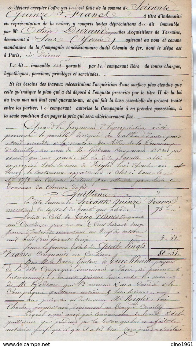 VP12.697 - PARIS X MONTARGIS 1875 - Acte De La Cie Du Chemin De Fer D'ORLEANS à CHALONS Concernant La Commune D'AMILLY - Eisenbahnverkehr