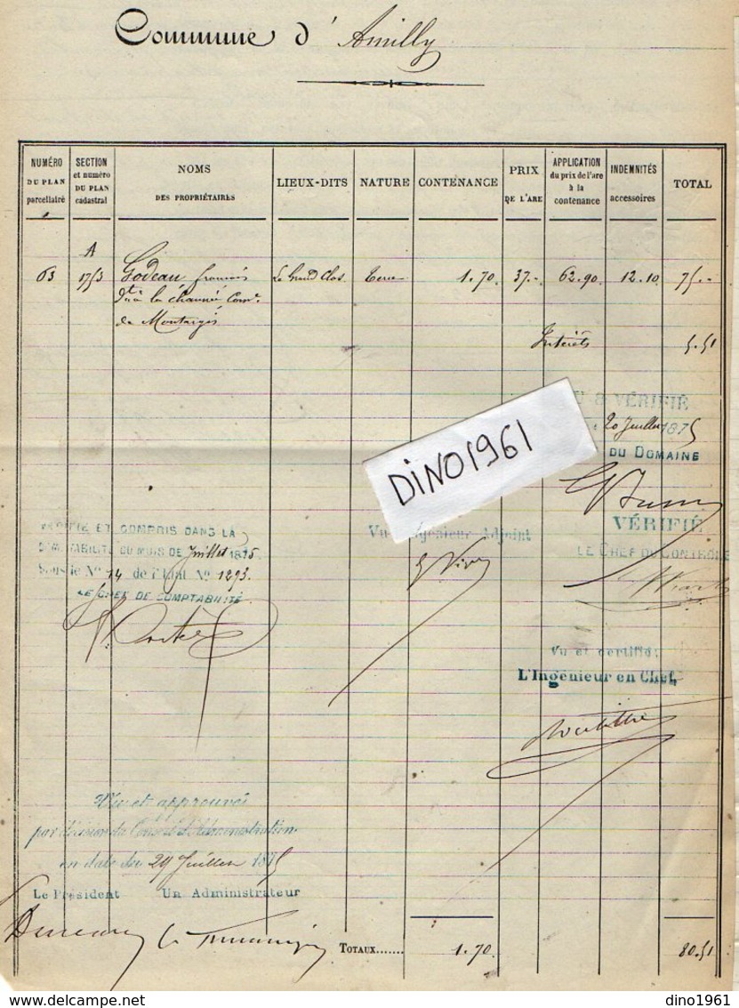 VP12.697 - PARIS X MONTARGIS 1875 - Acte De La Cie Du Chemin De Fer D'ORLEANS à CHALONS Concernant La Commune D'AMILLY - Spoorweg