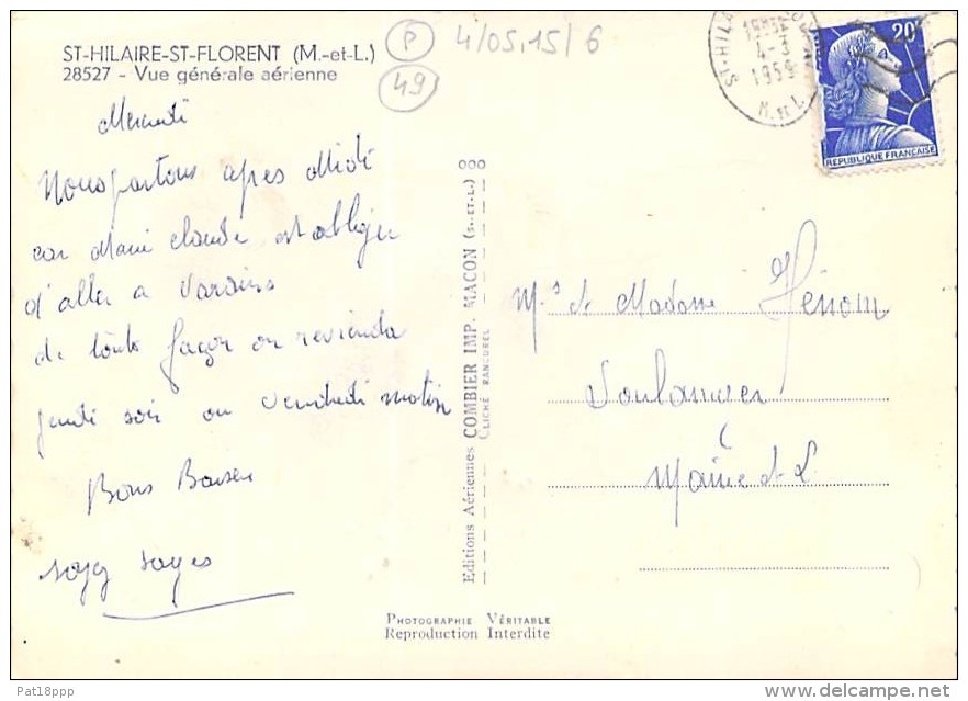 49 - ST HILAIRE ST FLORENT : Vue Générale Aérienne - CPSM Dentelée Noir Blanc Grand Format 1959 - Maine Et Loire - Autres & Non Classés