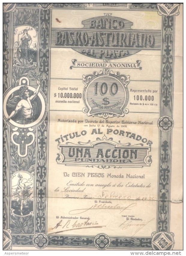 BANCO BASKO ASTURIANO DEL PLATA - ACCION TITULO SHAREHOLDING AÑO 1930 BUENOS AIRES VASCOS VASCUENCES LOS VASCOS EN ARGEN - Bank En Verzekering