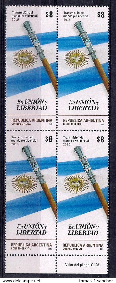 Argentina - 2015 - Transmission De La Commande Présidentielle 2015 - Neufs