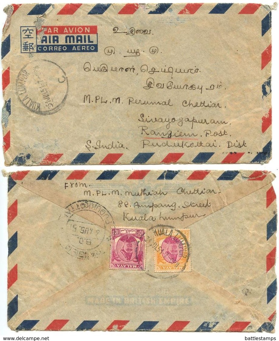 Malaya - Selangor 1951 Airmail Cover Kuala Lumpur To Rangiem, India W/ Scott 86 & 89 - Selangor