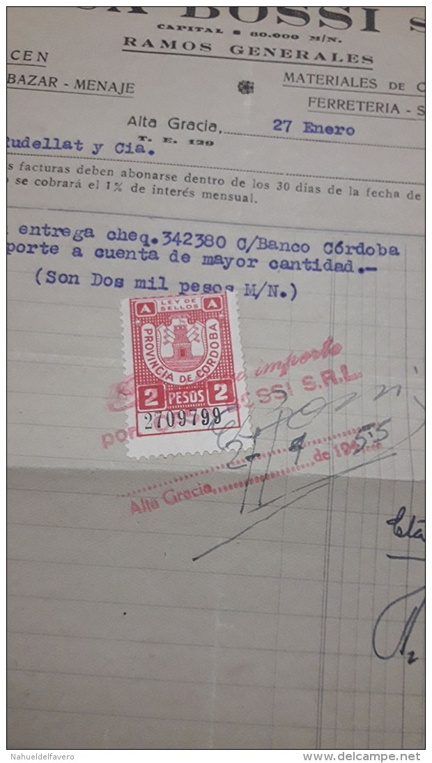 Argentina Documento Con Sello Fiscal Cordoba - Dienstmarken
