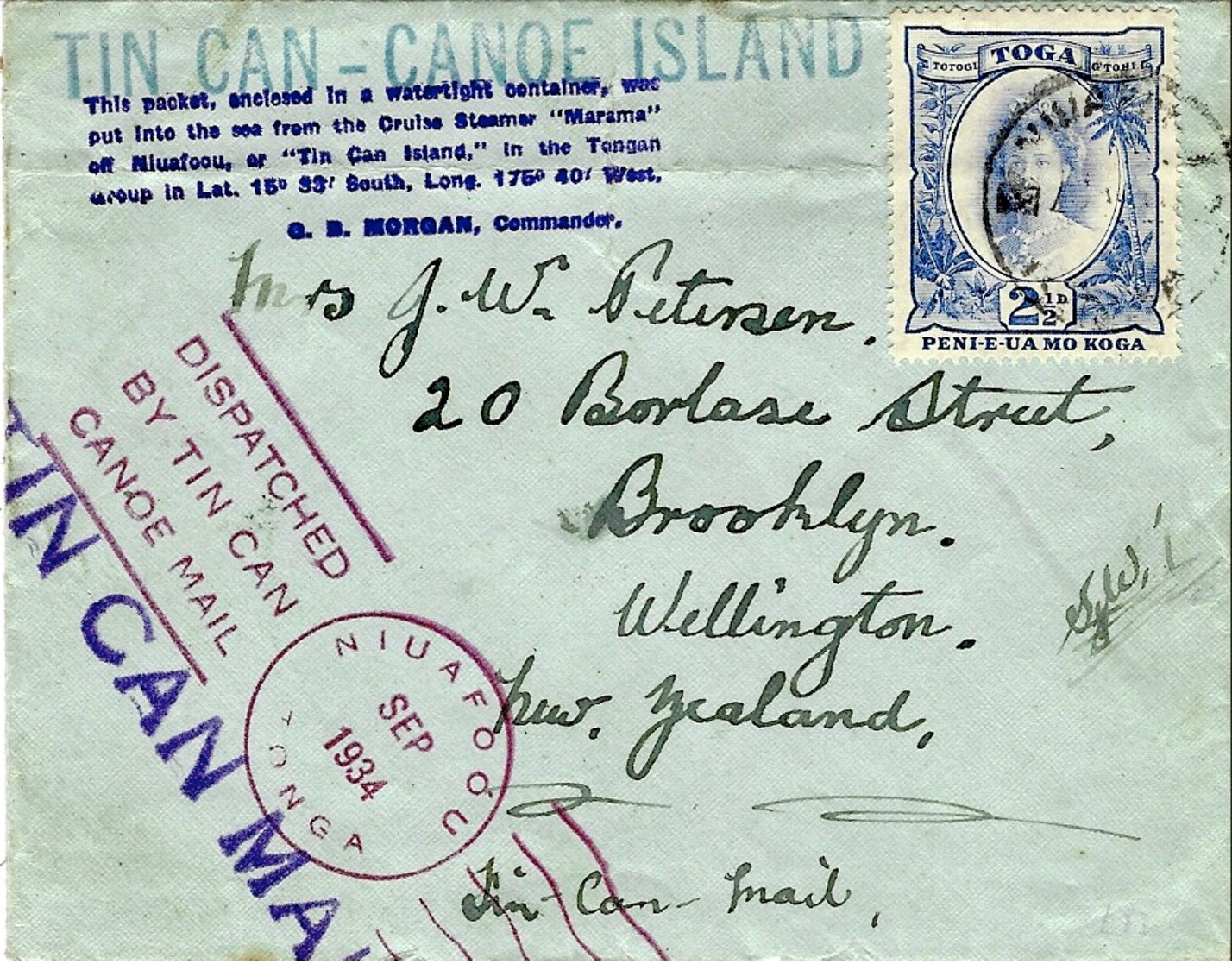 1934-  TIN CAN CANOE ISLAND - Petite Enveloppe De Niufoou Pour La Nlle Zélande - Tonga (1970-...)