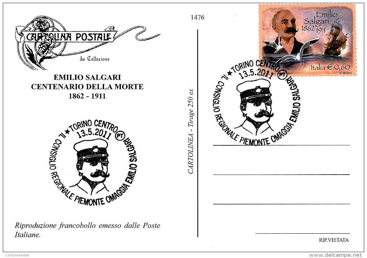 [MD2006] CPM - SALGARI - RIPRODUZIONE FRANCOBOLLO POSTE ITA. - CENTENARIO DELLA SCOMPARSA - CON ANNULLO 13.4.2011 - NV - Scrittori