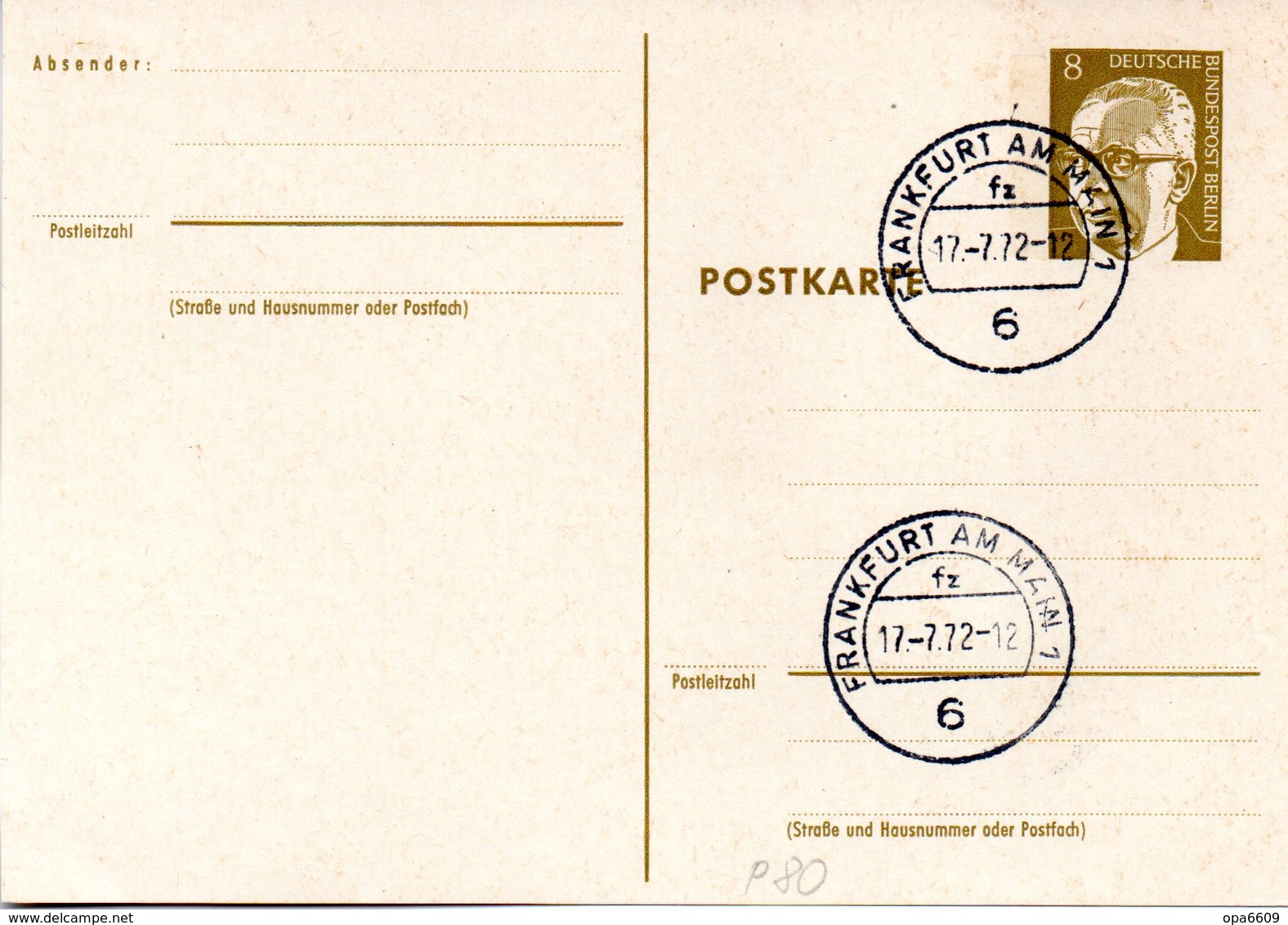 WB Amtl. Ganzsachen-Postkarte P80 Wst. "Heinemann" 8(Pf) Braunoliv, Blanko TSt 17.7.72 FRANKFURT AM MAIN 1 - Postcards - Used