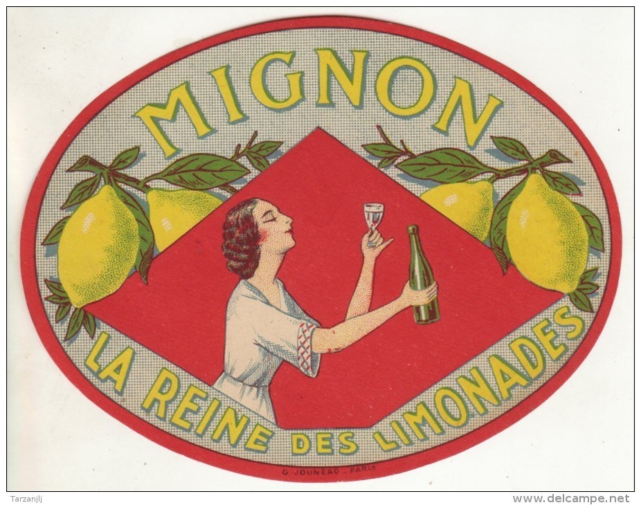 Etiquette Boisson Limonade "Mignon La Reine Des Limonades" French Vintage Lemonade Label (imp. G. Jouneau Paris) Citrons - Autres & Non Classés