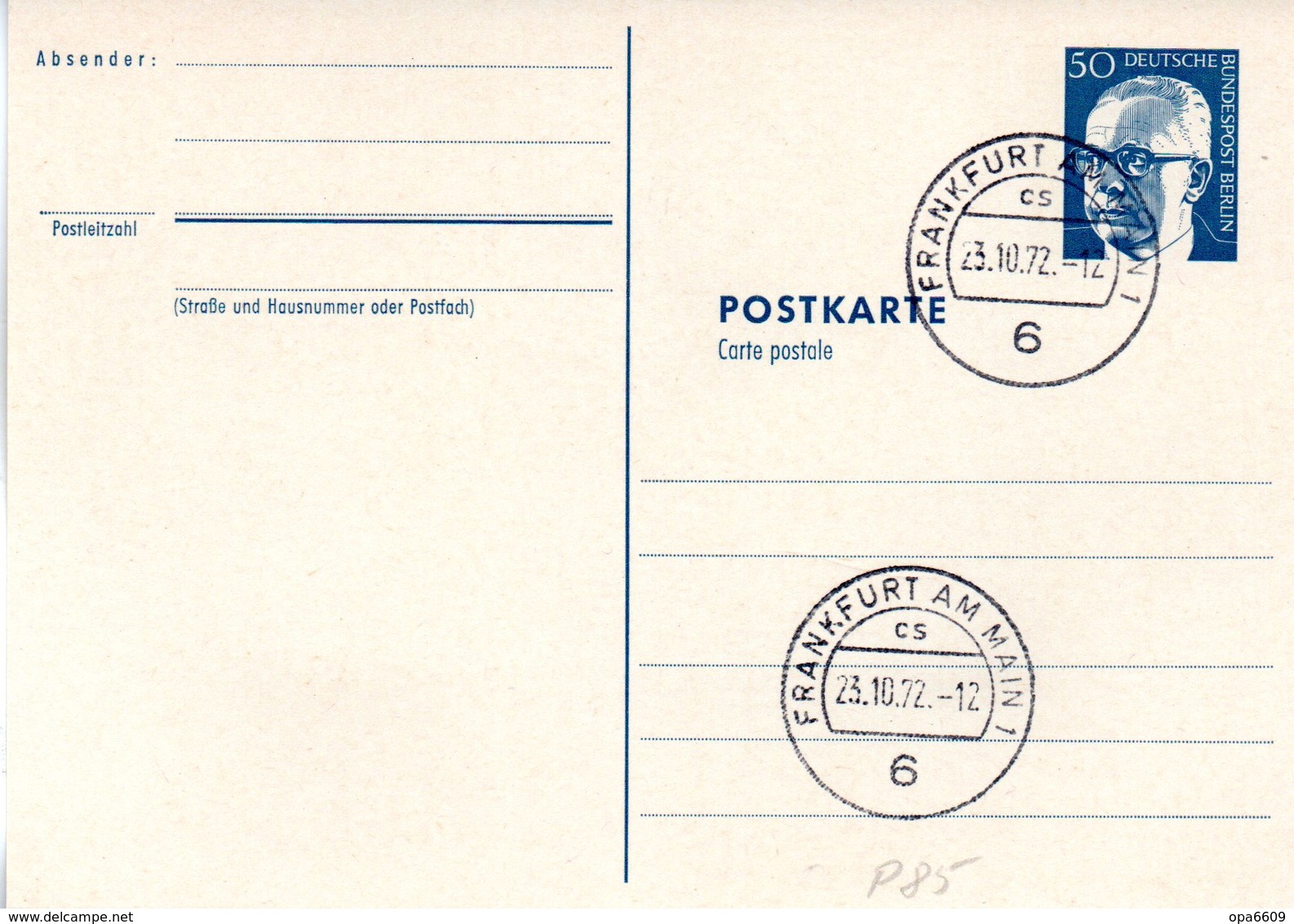 WB Amtl. Ganzsachen-Postkarte P85a Wst. "Heinemann" 50(Pf) Preußischblau, Blanko TSt 23.10.72 FRANKFURT AM MAIN 1 - Postcards - Used