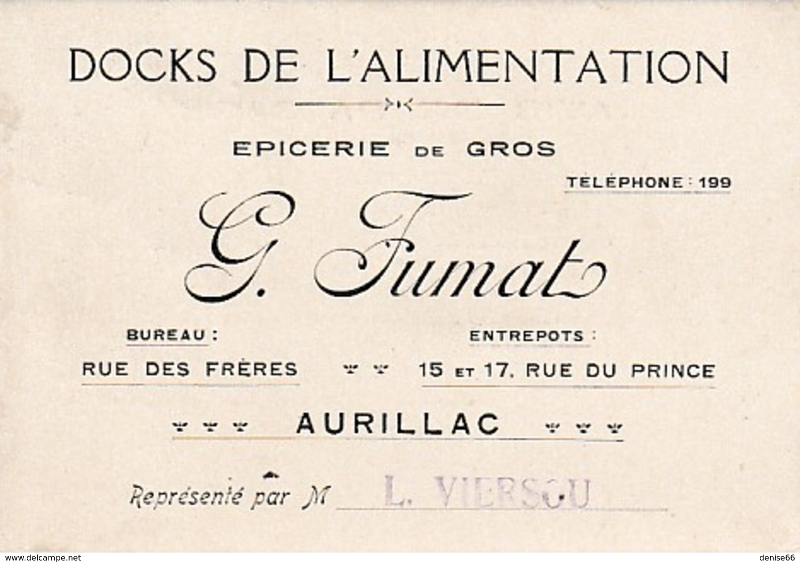 AURILLAC - DOCKS DE L'ALIMENTATION - Épicerie En Gros - G. FUMAT - Carton D'Avis De Passage - - Documents Historiques