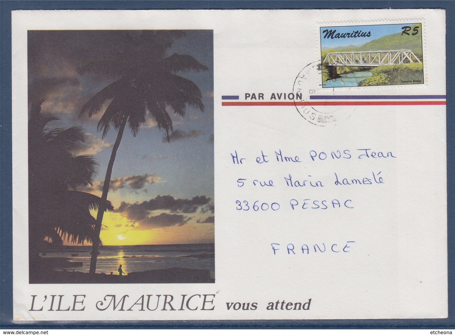 = Enveloppe Illustrée Île Maurice 1 Timbre Pont Tamarin (Tamarin Bridge) à Destination France 87 - Maurice (1968-...)