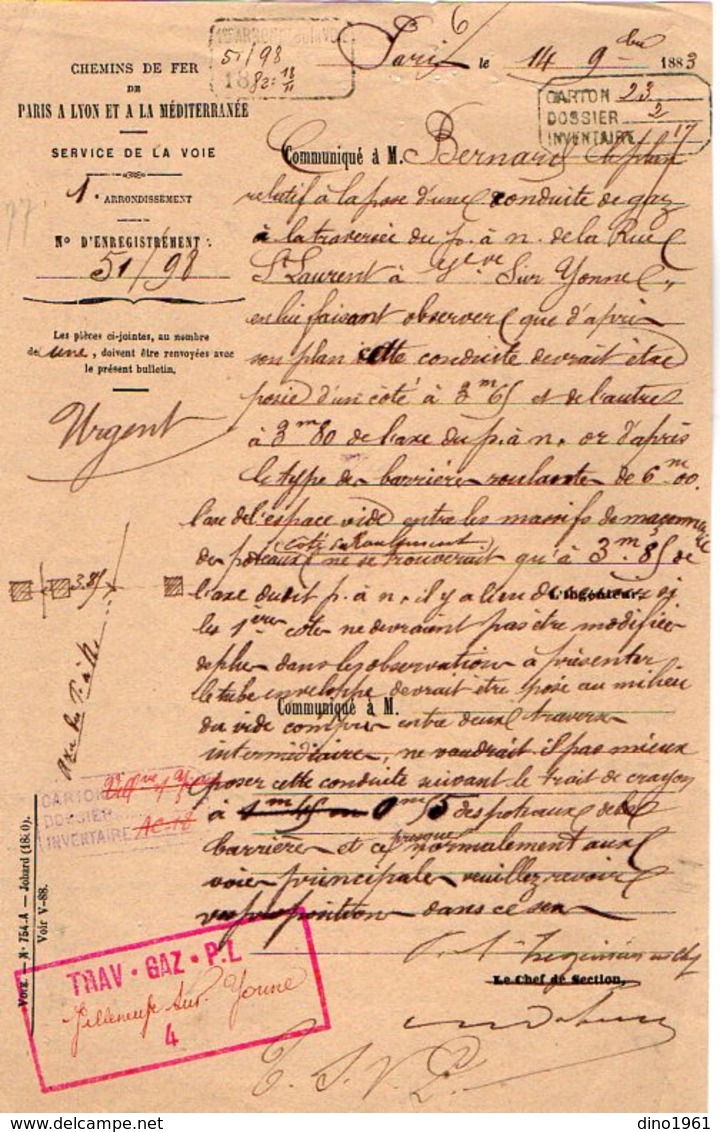 VP12.700 - PARIS 1883 - Lettre De La Cie Du Chemin De Fer De PARIS à LYON Objet Conduite De Gaz à VILLENEUVE SUR YONNE - Eisenbahnverkehr