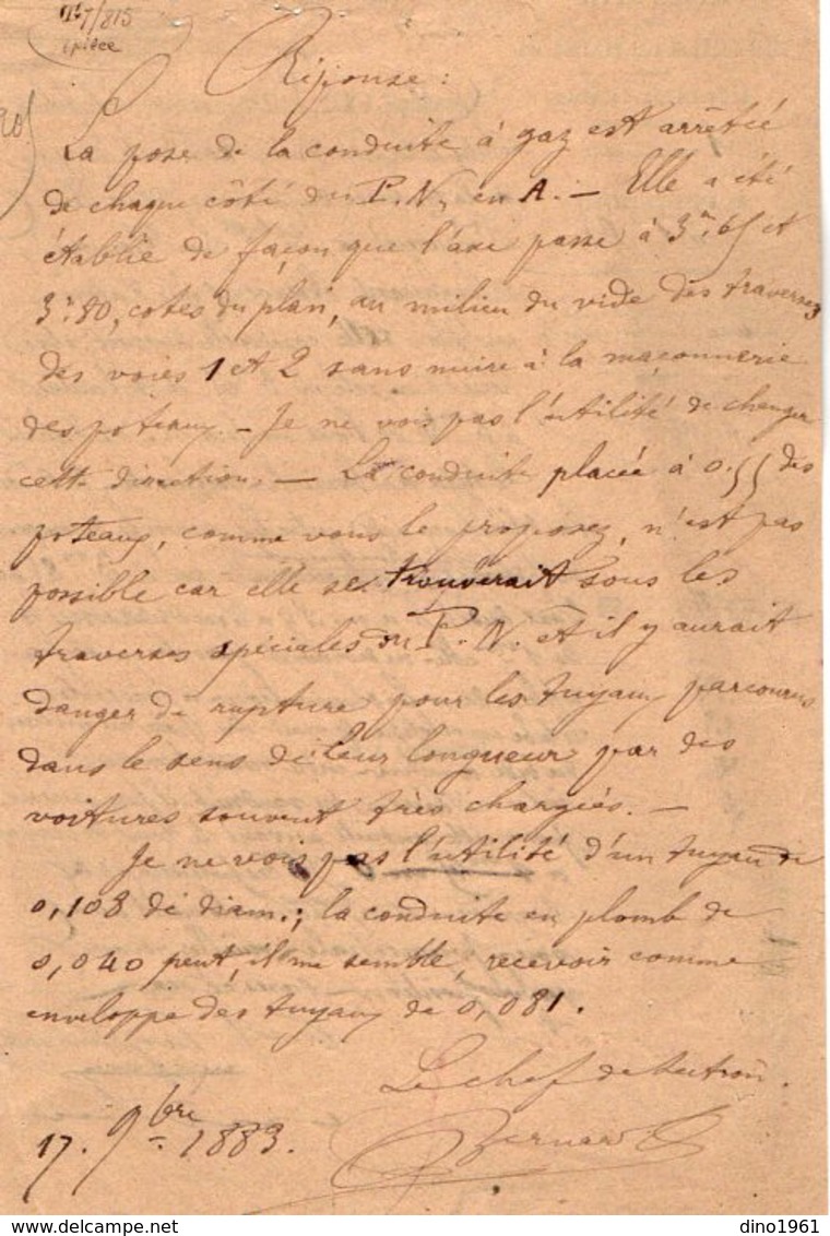 VP12.700 - PARIS 1883 - Lettre De La Cie Du Chemin De Fer De PARIS à LYON Objet Conduite De Gaz à VILLENEUVE SUR YONNE - Chemin De Fer