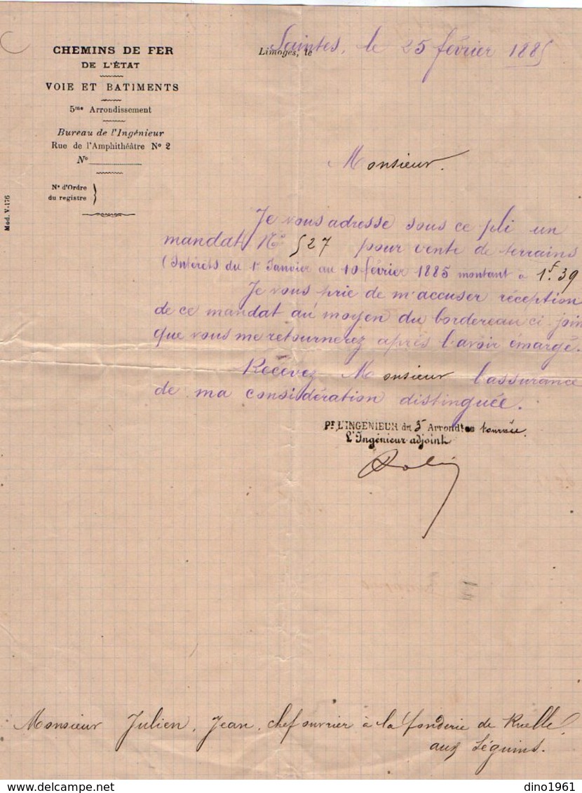 VP12.701 - SAINTES 1885 - Lot De Documents De La Cie Des Chemins De Fer De L'Etat Concernant La Commune De RUELLE - Railway