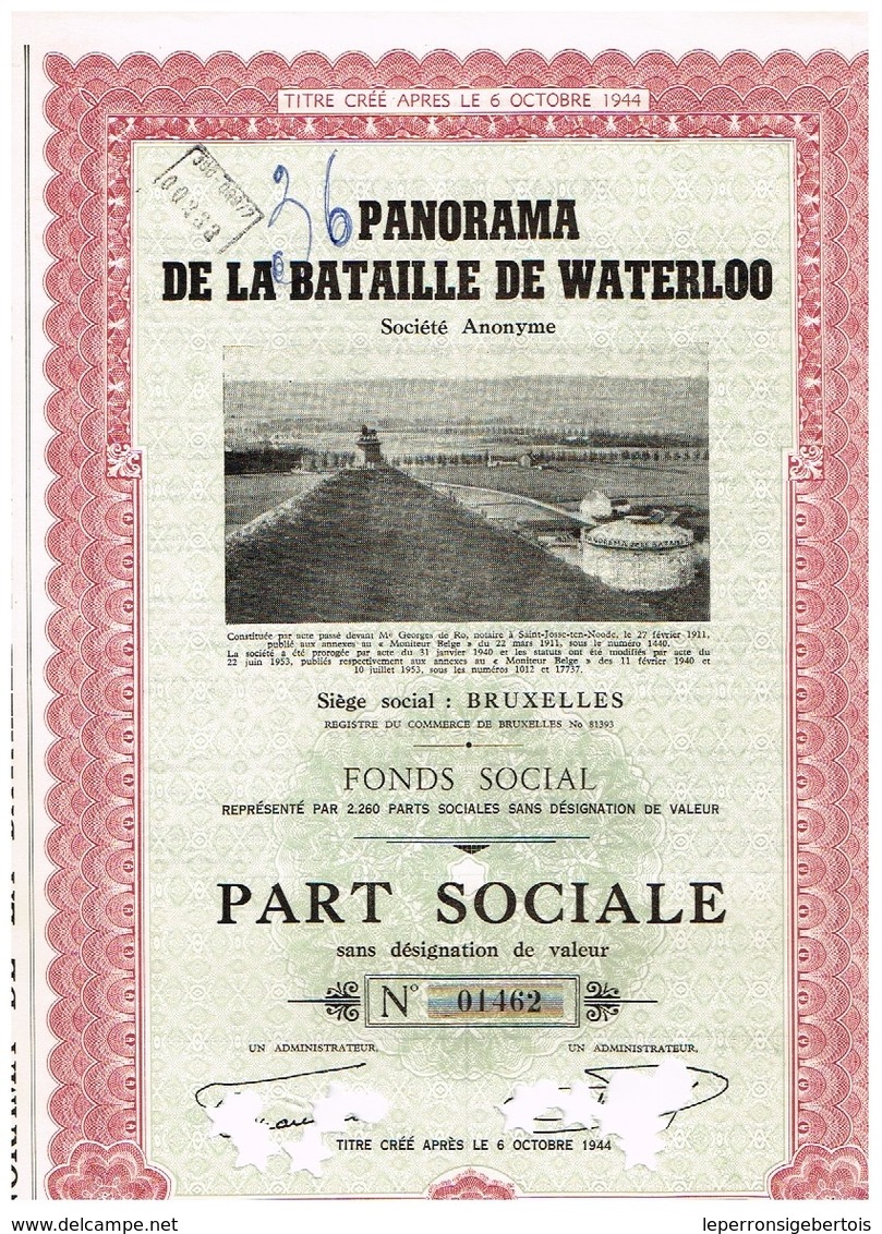 Action Ancienne - Panorama De La Bataille De Waterloo - Titre De 1953 - Titre N° 01462 - Tourisme