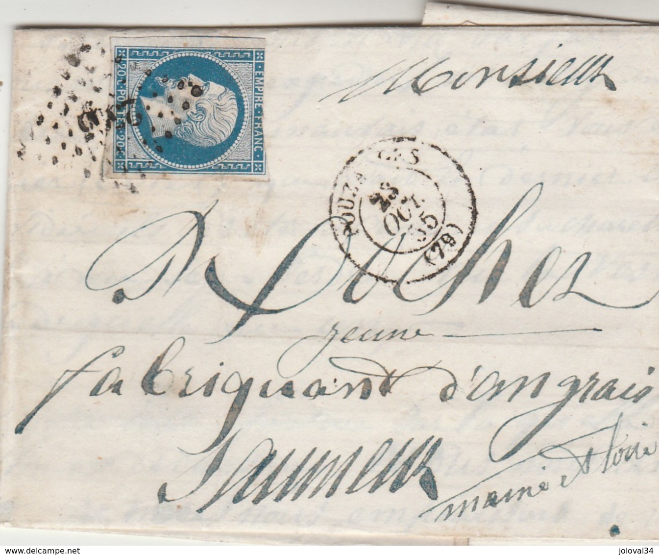 Yvert 14 Sur Lettre POUZAUGES Vendée PC 2565 Du 23/10/1855 Pour Saumur Maine Et Loire - 1849-1876: Période Classique